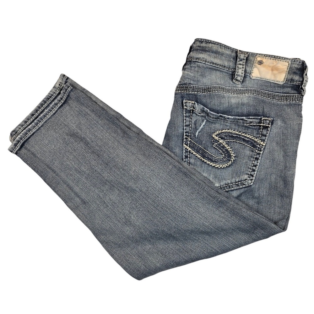 Silver Jeans Co Aiko Mid Capri Womens 31 Blue Good Distressed Denim L47801SDA161